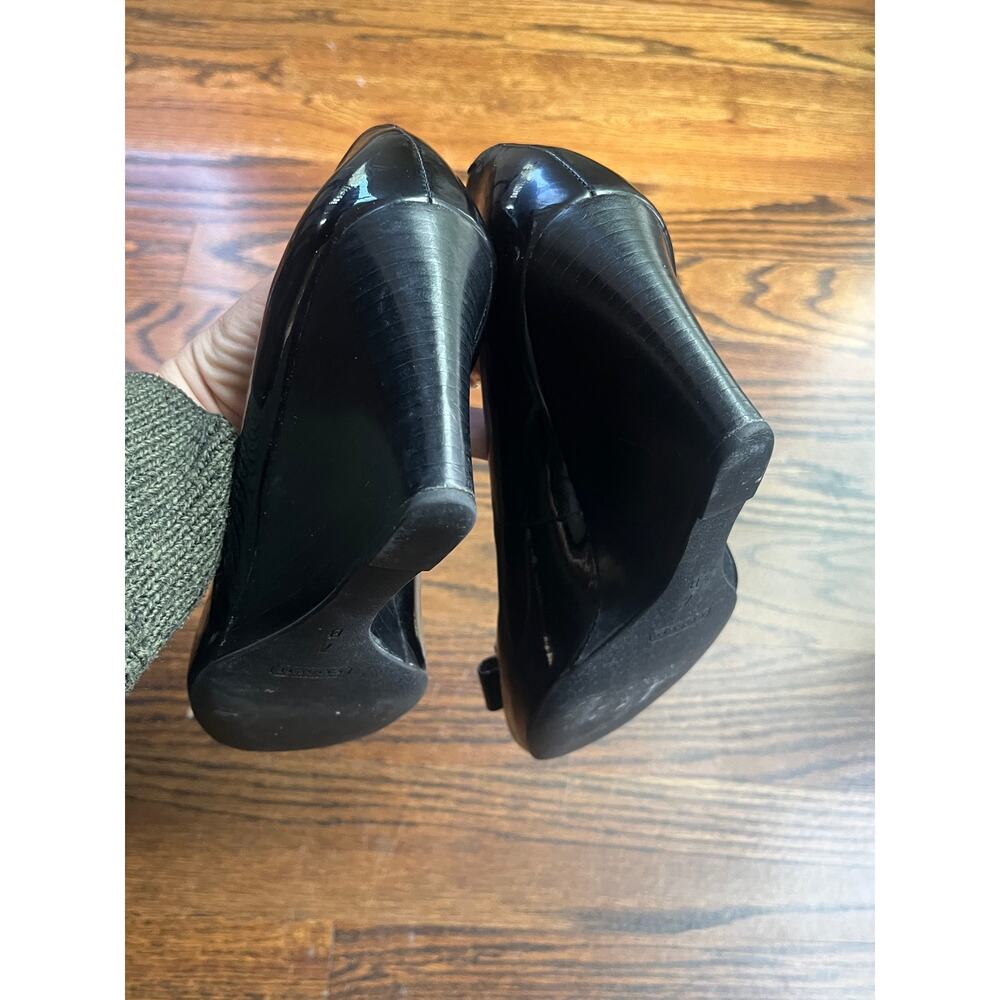 Coach Emma black patent leather peep-toe wedge heels Sz. 7 bow logo - Picture 4 of 6